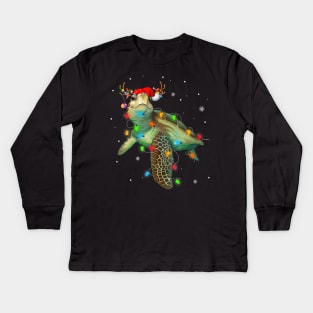 Sea Turtle Christmas Lights Funny Santa Hat Merry Christmas Pajamas Kids Long Sleeve T-Shirt